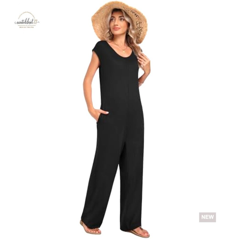 Large Wide Leg Jumpsuit with Pockets, Cap Sleeve, Polyester Blend - Picture 4 of 7